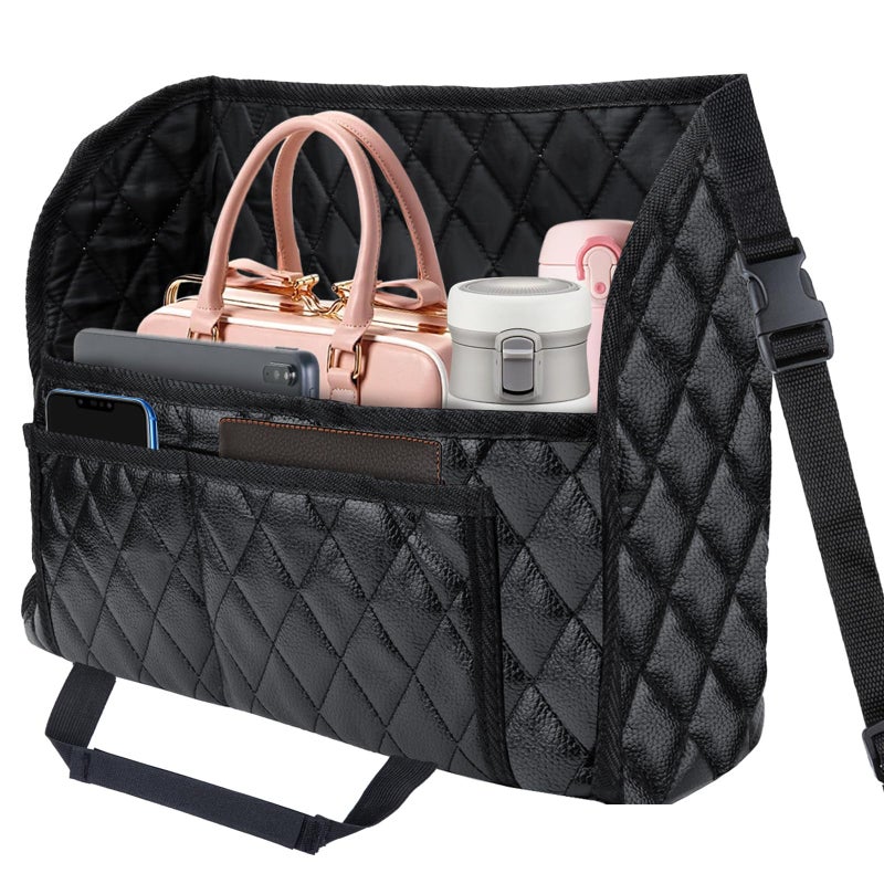 BFXM Car Purse Holder Between Seats, Leather Auto Front Seat Handbag Organizer Pocket, Large Capacity Car Net Pocket Handbag Holder, Backseat Barrier Storage Bag Fits for Car, Truck, SUV - Image 1