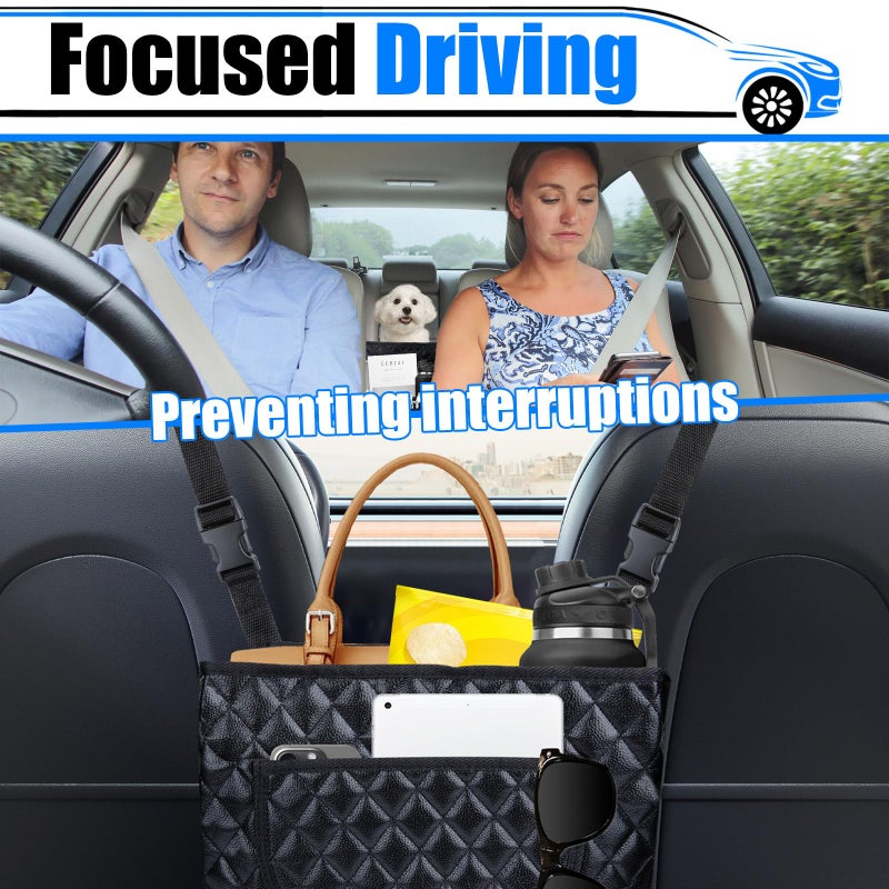 BFXM Car Purse Holder Between Seats, Leather Auto Front Seat Handbag Organizer Pocket, Large Capacity Car Net Pocket Handbag Holder, Backseat Barrier Storage Bag Fits for Car, Truck, SUV - Image 3