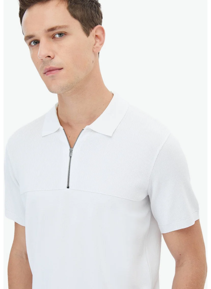Kip White Polo Neck Jacquard Sweater