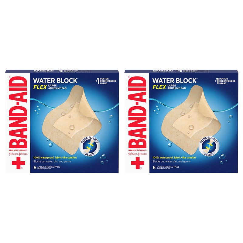 Band-Aid Brand Water Block Flex Large Adhesive Pads, 100% Waterproof Bandage Pads for First-Aid Care of Minor Cuts, Scrapes & Wounds, Ultra-Flexible Design, Sterile, Large, 2 x 6 ct - Image 1