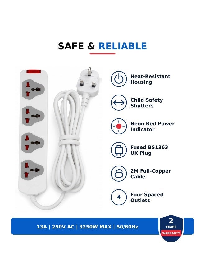 SIROCCO Extension Socket 4 Way Universal With 2M Cable, 100% Heat Resistant, Sirocco W1304S - Image 2