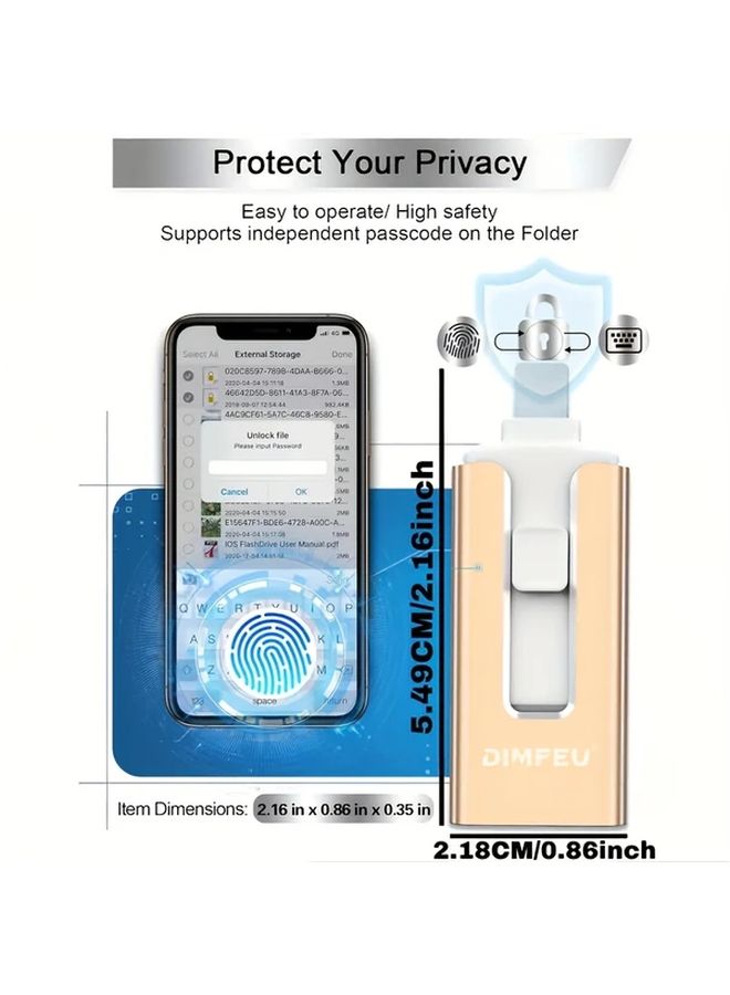 محرك أقراص فلاش USB سريع عالي السرعة 4 في 1 بسعة 128 جيجابايت باللون الذهبي لأجهزة iPhone - نسخ احتياطي بنقرة واحدة - Image 4