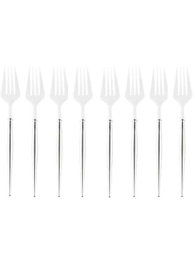 ThePartyPopper Pack of 8 White Silver Heavy-Duty Plastic Fork Set For Weddings, Birthdays, and Dinner Parties - Image 1