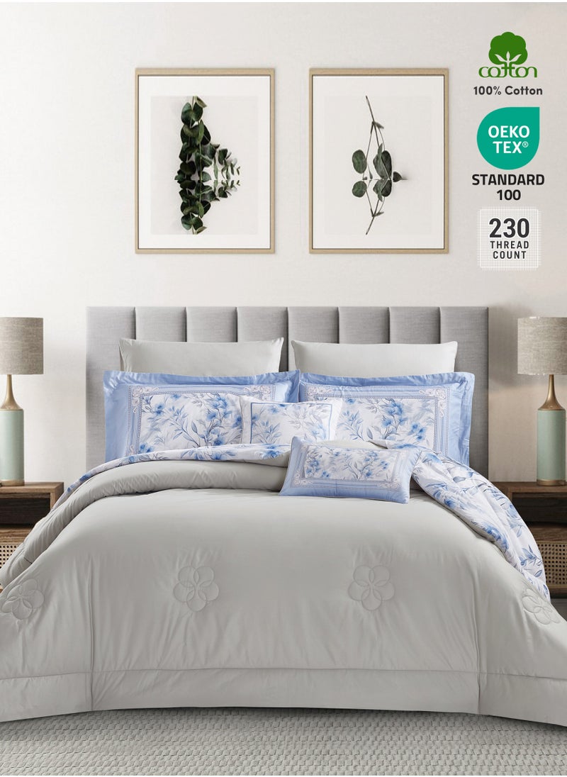 Donetella Cotton Comforter Set 8-Pcs King Size All Season Reversible Floral Printed Bed Fits(200 X 200 Cm) With 350 GSM Down ALternative Filling,Geyser  - Image 2
