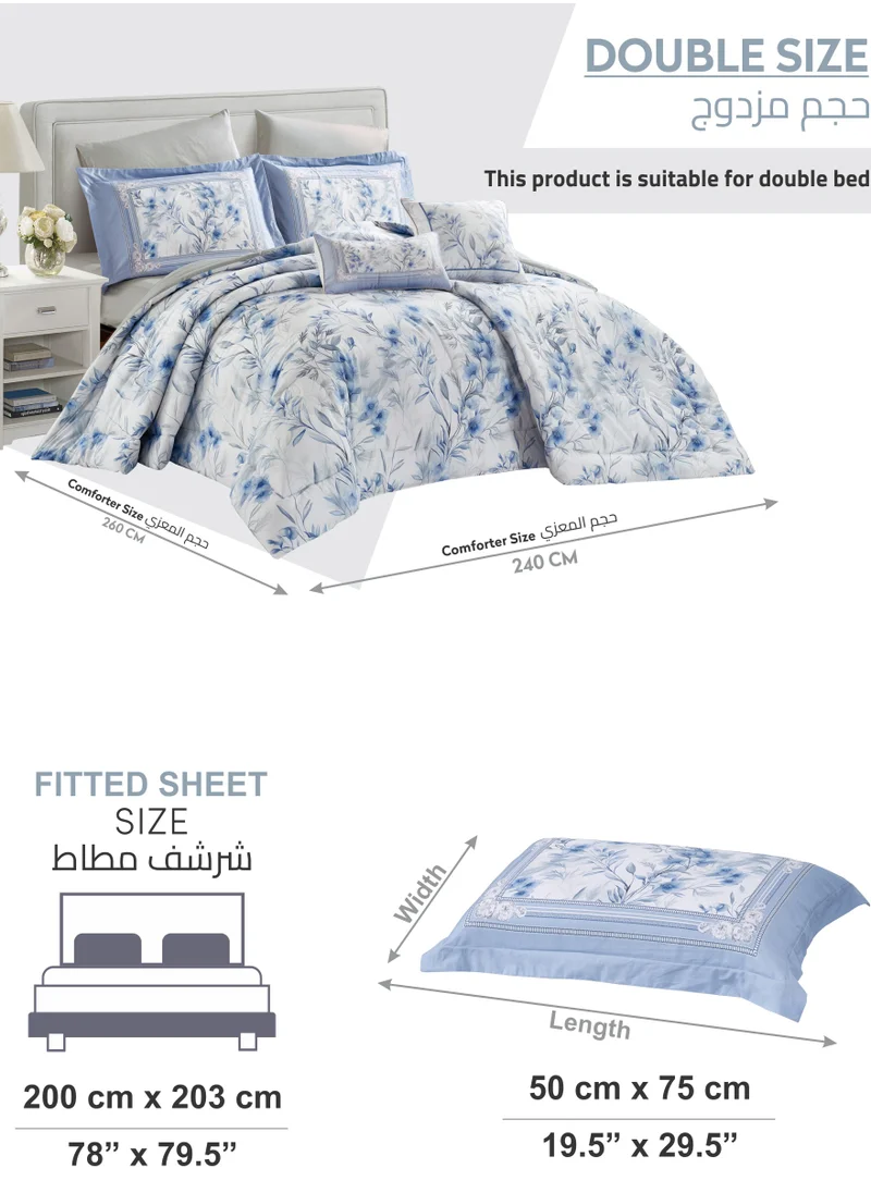 Donetella Cotton Comforter Set 8-Pcs King Size All Season Reversible Floral Printed Bed Fits(200 X 200 Cm) With 350 GSM Down ALternative Filling,Geyser