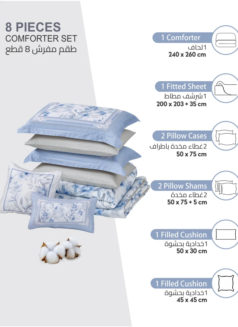 Donetella Cotton Comforter Set 8-Pcs King Size All Season Reversible Floral Printed Bed Fits(200 X 200 Cm) With 350 GSM Down ALternative Filling,Geyser