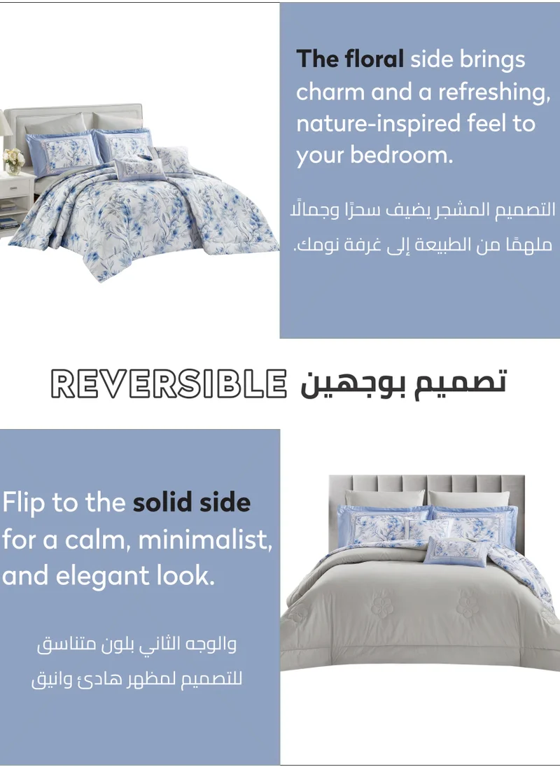 Donetella Cotton Comforter Set 8-Pcs King Size All Season Reversible Floral Printed Bed Fits(200 X 200 Cm) With 350 GSM Down ALternative Filling,Geyser