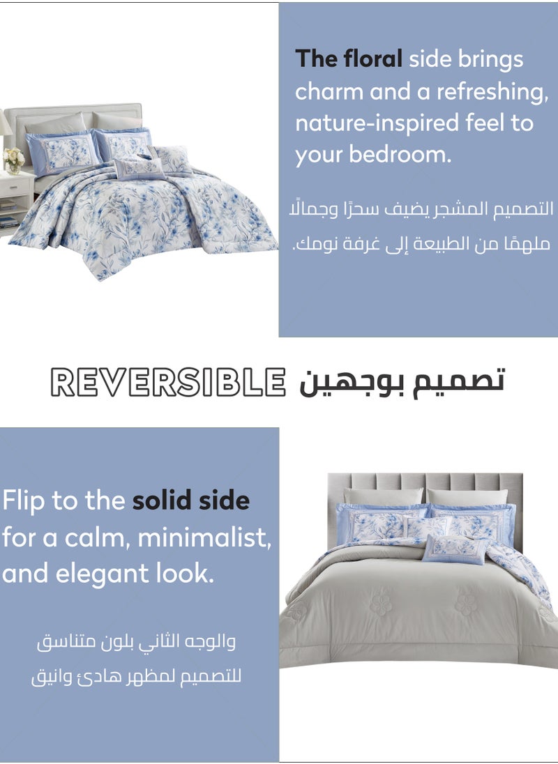 Donetella Cotton Comforter Set 8-Pcs King Size All Season Reversible Floral Printed Bed Fits(200 X 200 Cm) With 350 GSM Down ALternative Filling,Geyser  - Image 5