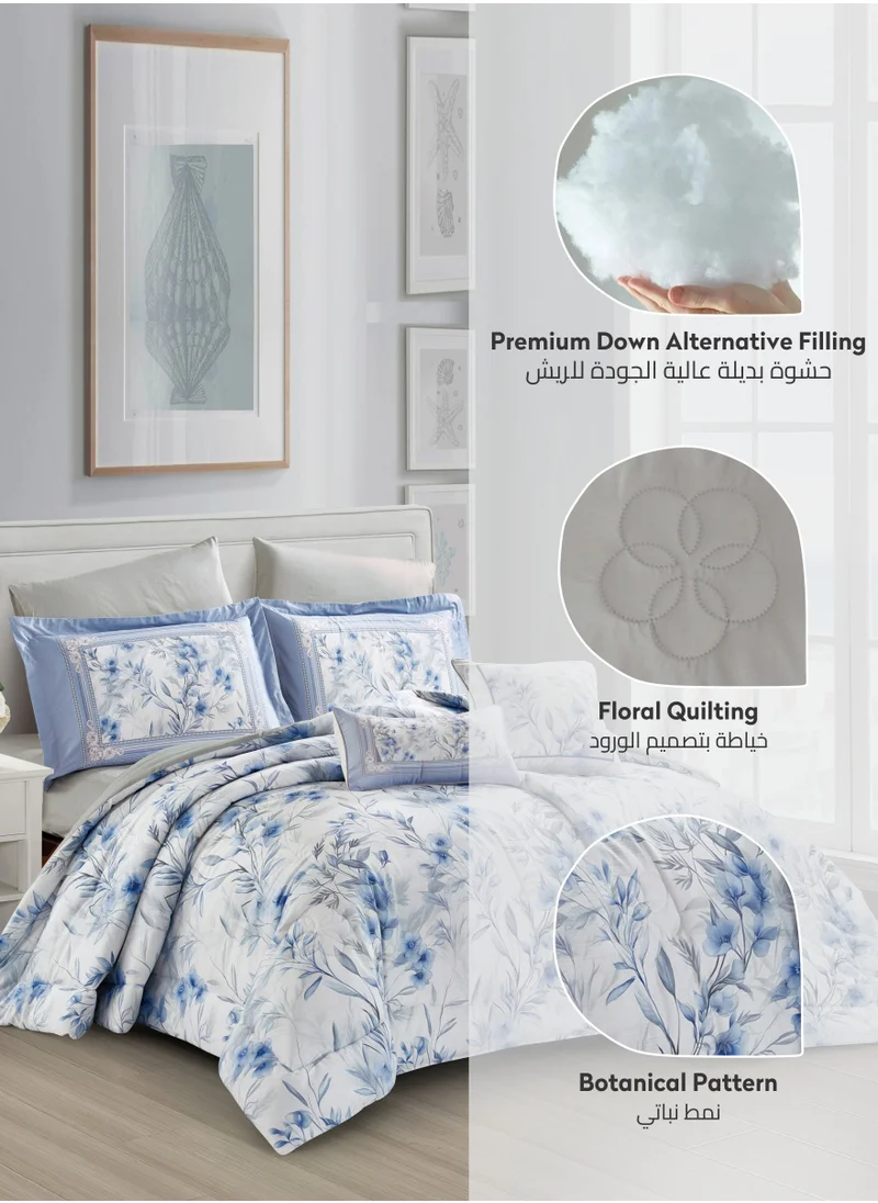 Donetella Cotton Comforter Set 8-Pcs King Size All Season Reversible Floral Printed Bed Fits(200 X 200 Cm) With 350 GSM Down ALternative Filling,Geyser