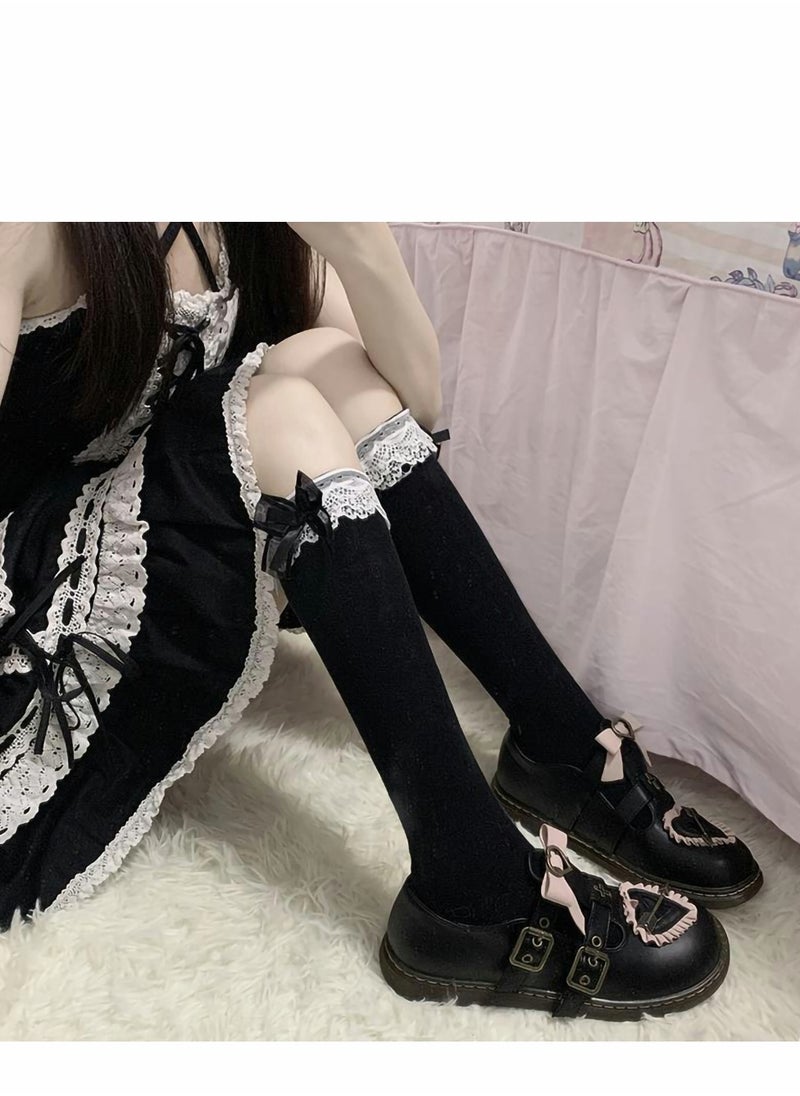 Excefore - Thigh High Socks Women Girl's Fashion Knee Stockings With Bow Lace Ruffle Trim  Cotton - Image 1