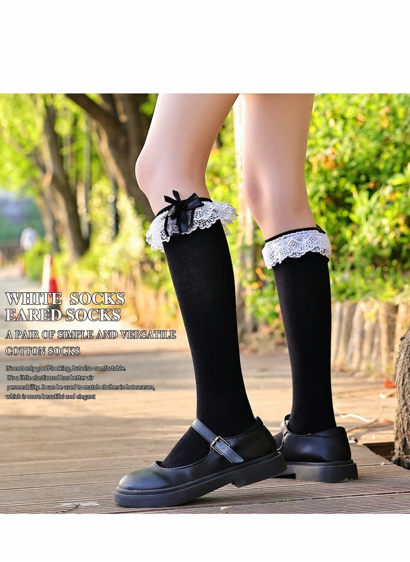 Excefore - Thigh High Socks Women Girl's Fashion Knee Stockings With Bow Lace Ruffle Trim  Cotton - Image 1