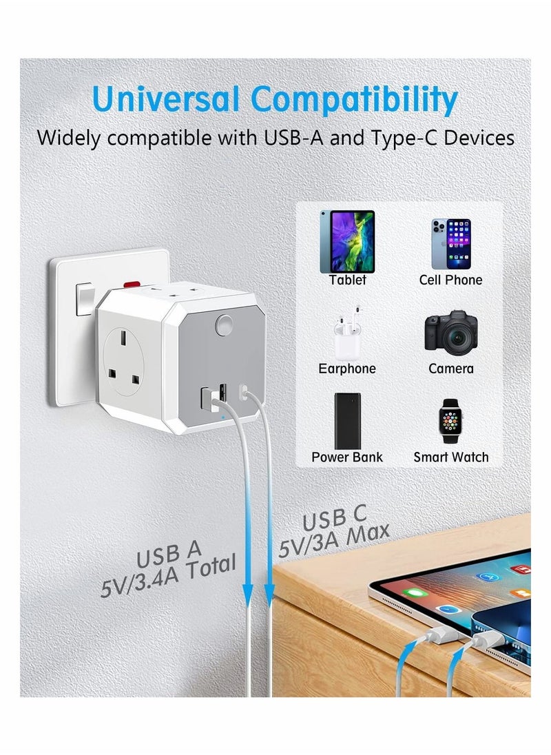 Y&D - Multi Plug Adapter with USB, Cube Extension 4 AC Outlets 2 USB and 1 Type-C Slots, UK Wall Socket, 13A Socket Power for Home Office Kitchen, White - Image 1