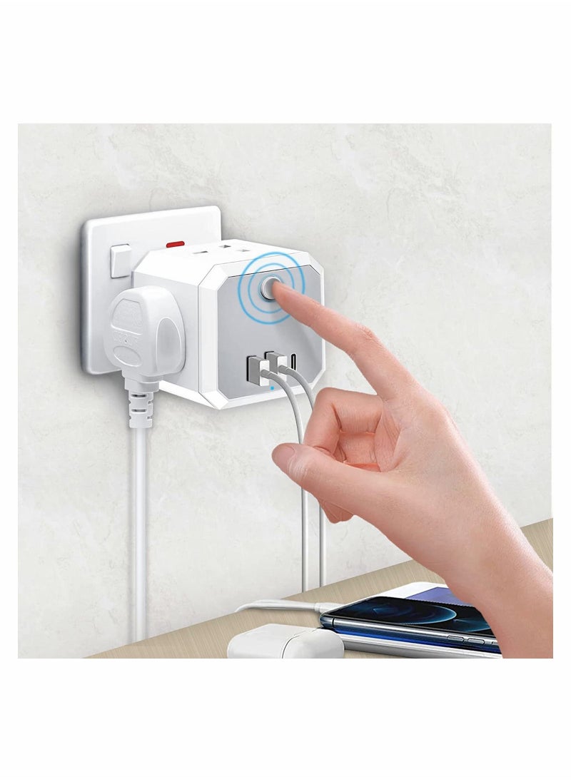 Y&D - Multi Plug Adapter with USB, Cube Extension 4 AC Outlets 2 USB and 1 Type-C Slots, UK Wall Socket, 13A Socket Power for Home Office Kitchen, White - Image 1