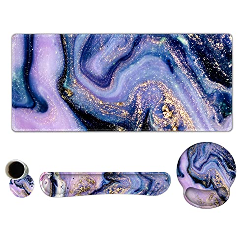 ARTSO Large Mouse Pad Ergonomic Keyboard Wrist Rest Support Combo Memory Foam Gel Wrist Pad Extended Desk Mat Protector NonSlip Desk Blotter Purple Marble - Image 1