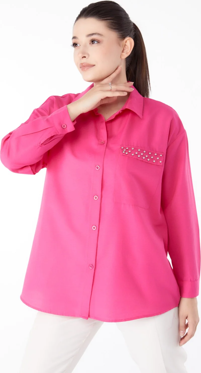 Tofisa Plain Shirt Collar Women's Fuchsia Stone Detailed Shirt - 13194
