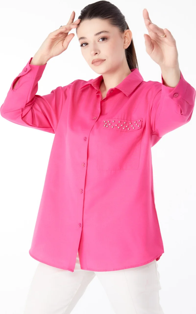 Tofisa Plain Shirt Collar Women's Fuchsia Stone Detailed Shirt - 13194