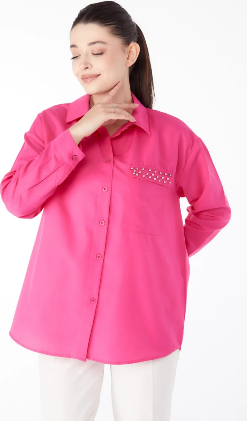 Tofisa Plain Shirt Collar Women's Fuchsia Stone Detailed Shirt - 13194