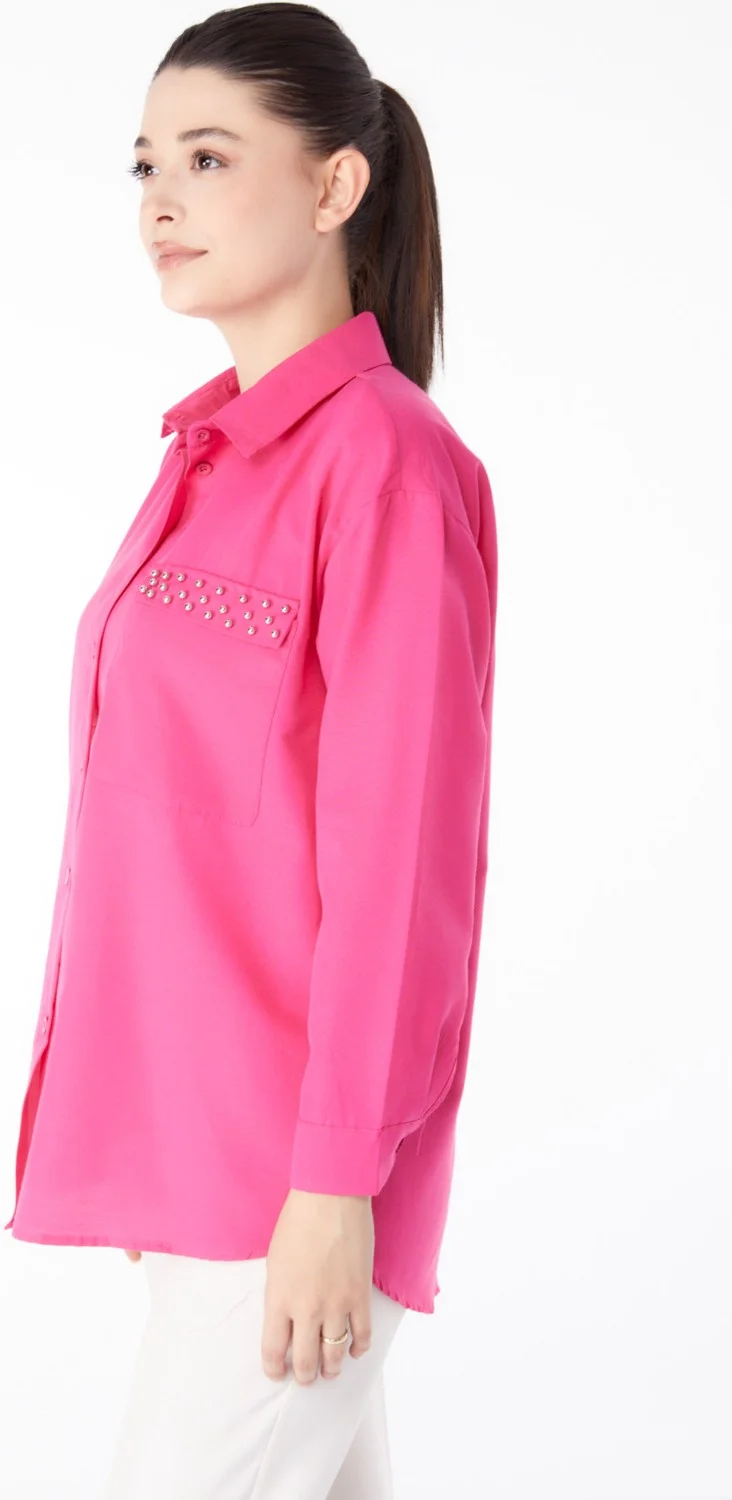 Tofisa Plain Shirt Collar Women's Fuchsia Stone Detailed Shirt - 13194