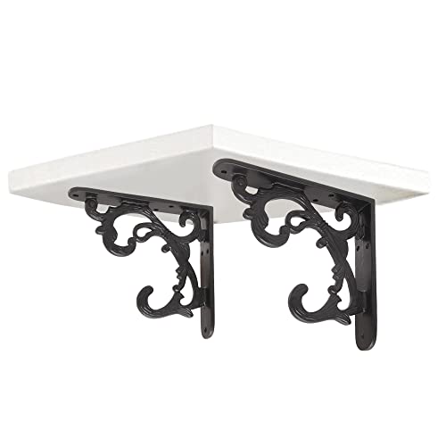 GHAR DWAR Metal Handcrafted Shelf Bracket for Floating Shelves L Angle Decorative L Shaped Corner Brace Joint Heavy Duty Wall Mounted Shelf Supporter Corner Brace Holder (Pack of 2, Black) - Image 1