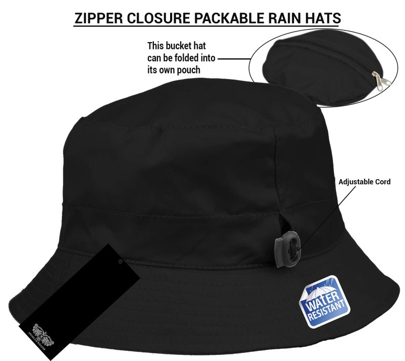 Angela & William Adjustable Waterproof Bucket Rain Hat in Nylon, Easy to fold (Black) - Image 2