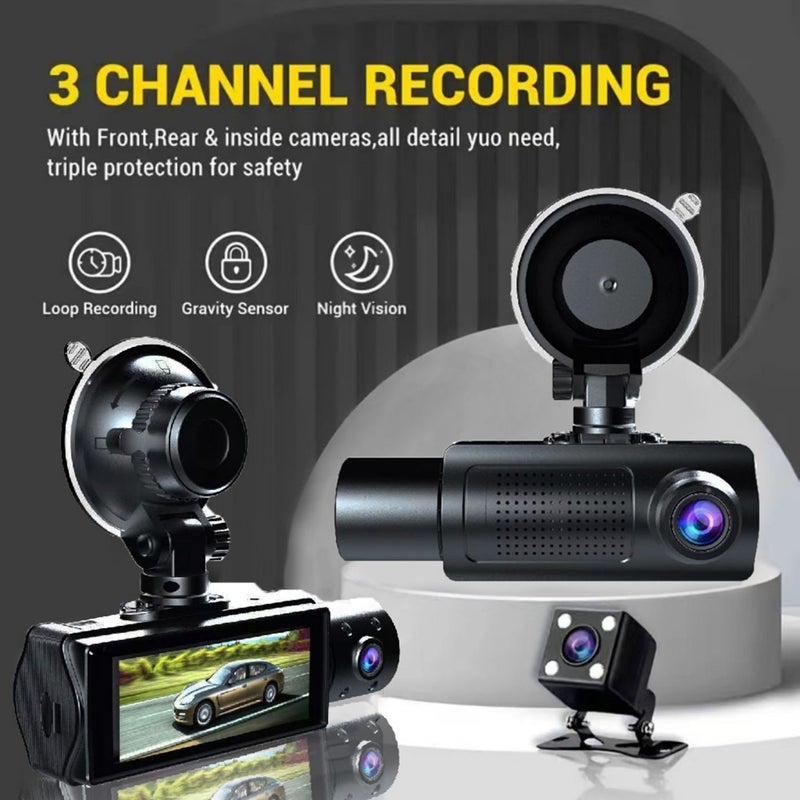 1080P DVR Dash Camera Front & Inside & Rear Camera Driving Recorder with 3.16 Inch IPS Screen 170° Wide Angle Support Clear Night-Vision Collision Locking Loop Recording - Image 4