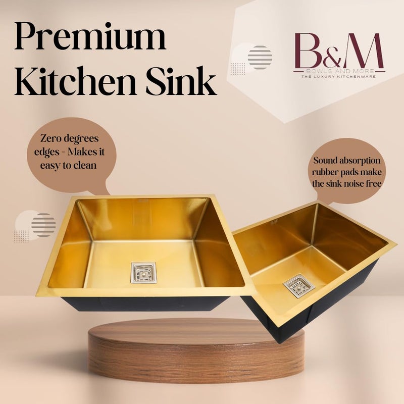 BOWLS  MORE Bowls More Single Bowl 24 X 18 X 10 Premium Handmade Kitchen Sink With Soap Dispenser Sound Proof Single Bowl Stainless Steel Matt Finish Gold - Image 3