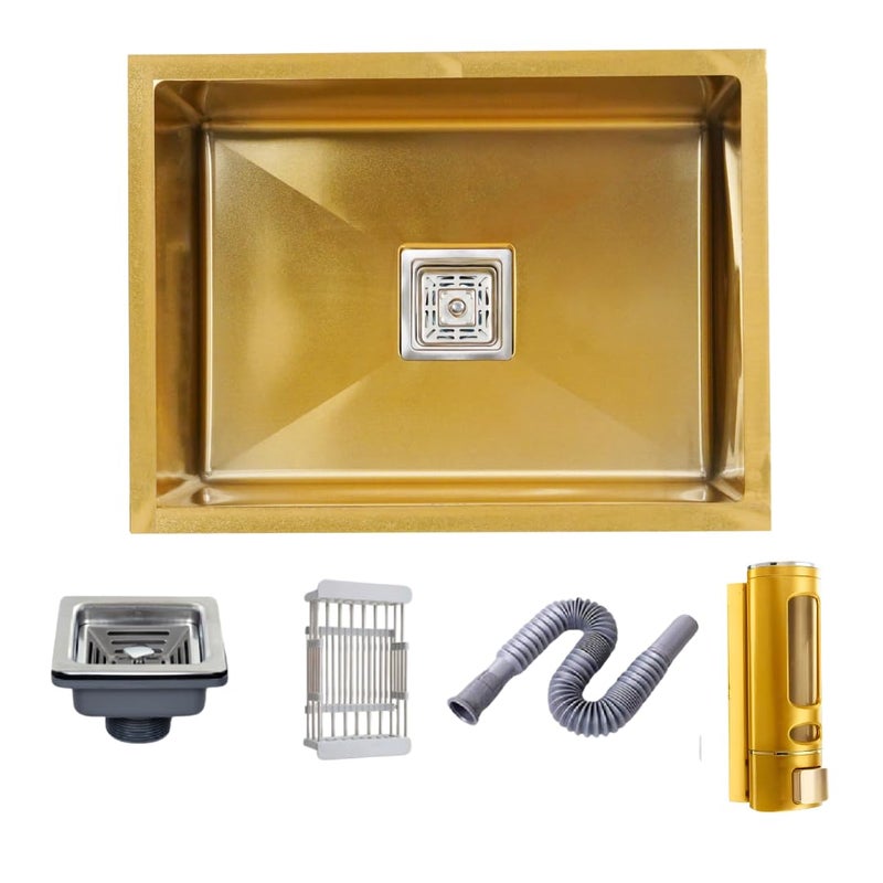 BOWLS  MORE Bowls More Single Bowl 24 X 18 X 10 Premium Handmade Kitchen Sink With Soap Dispenser Sound Proof Single Bowl Stainless Steel Matt Finish Gold - Image 1