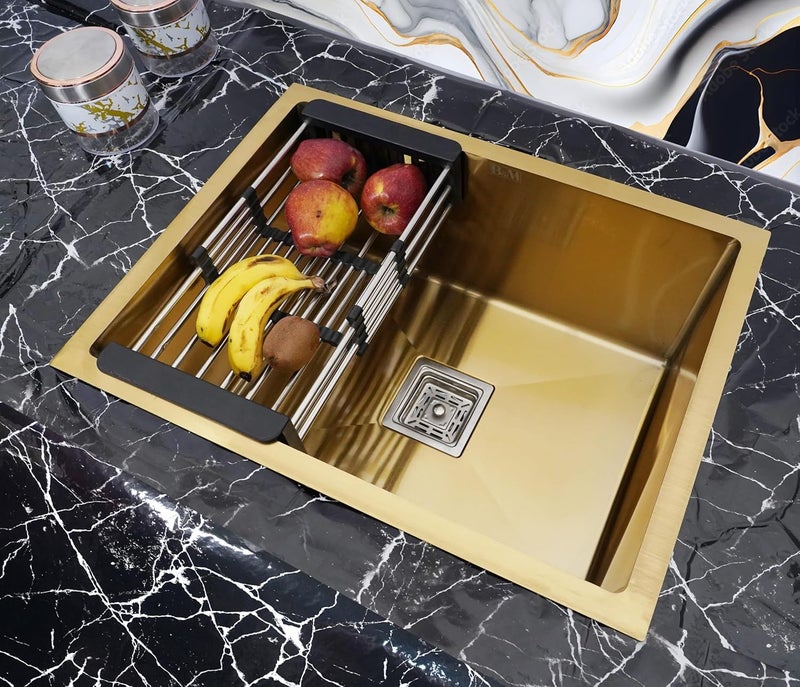 BOWLS  MORE Bowls More Single Bowl 24 X 18 X 10 Premium Handmade Kitchen Sink With Soap Dispenser Sound Proof Single Bowl Stainless Steel Matt Finish Gold - Image 2