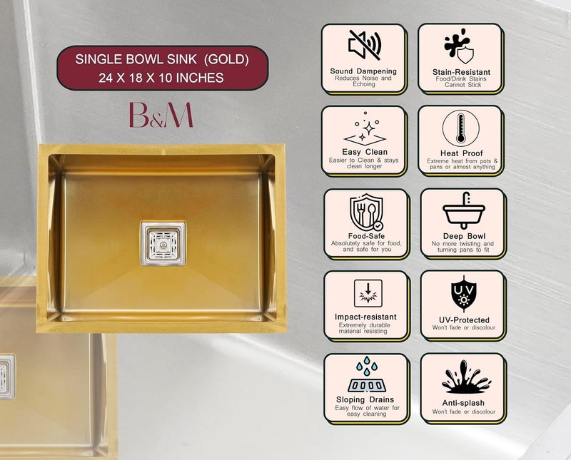 BOWLS  MORE Bowls More Single Bowl 24 X 18 X 10 Premium Handmade Kitchen Sink With Soap Dispenser Sound Proof Single Bowl Stainless Steel Matt Finish Gold - Image 5
