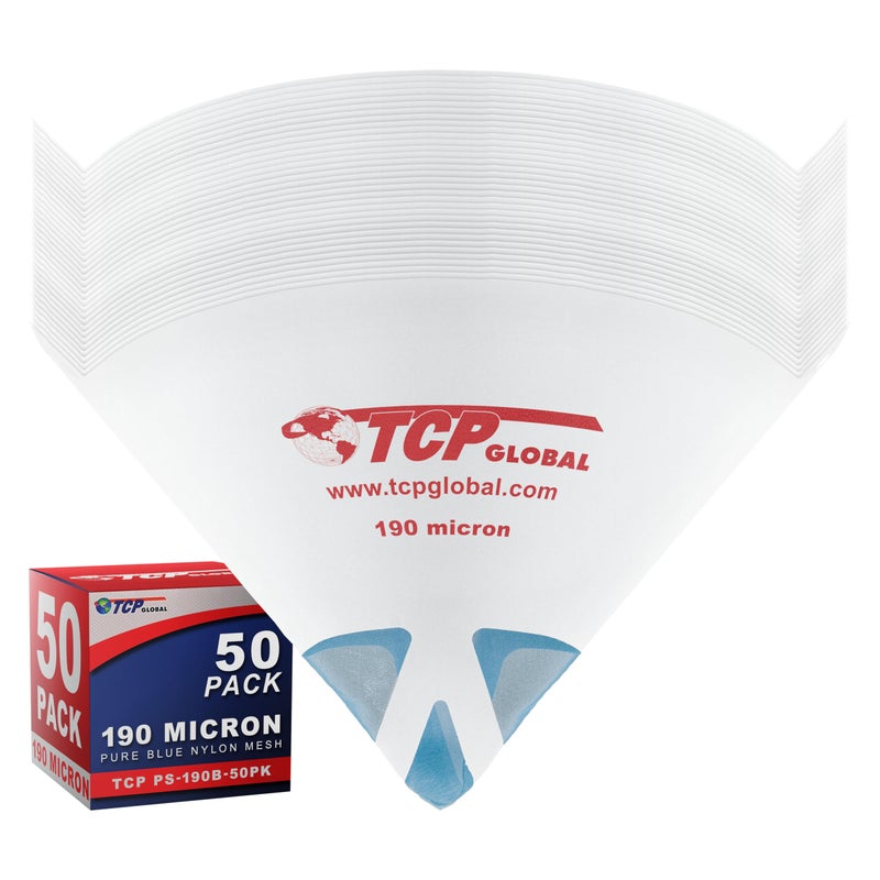TCP Global - فلاتر طلاء دقيقة 190 ميكرون (عبوة 50) - مصفاة مخروطية من النايلون الأزرق النقي - فلاتر طلاء للمركبات، المنازل والهوايات - Image 1