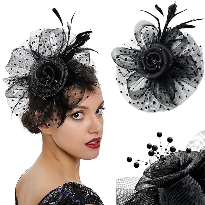 Plenteous قبعة فاسيناتور وفيرة للنساء - رباط رأس شبكي مزين بالزهور مع مشبك شعر لحفلات الشاي، الزفاف، الكوكتيل والمناسبات الخاصة - أسود، مقاس واحد (متوسط) عبوة من 1 - Image 3