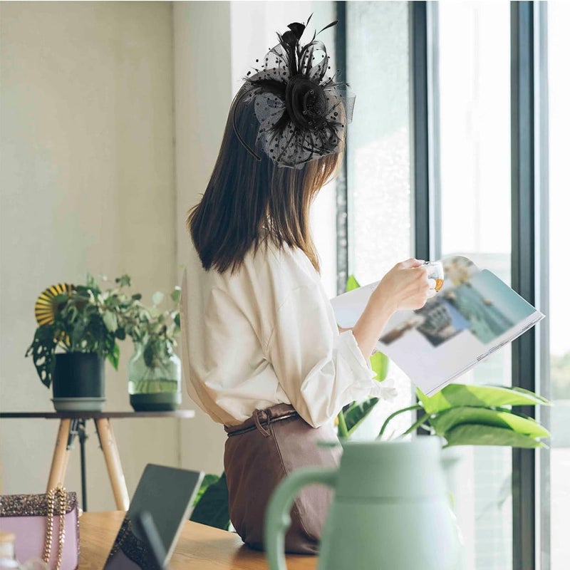 Plenteous قبعة فاسيناتور وفيرة للنساء - رباط رأس شبكي مزين بالزهور مع مشبك شعر لحفلات الشاي، الزفاف، الكوكتيل والمناسبات الخاصة - أسود، مقاس واحد (متوسط) عبوة من 1 - Image 5