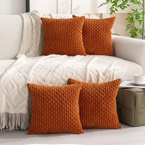 Cozoomy Set of 4 Burnt Orange Decorative Throw Pillow Covers 18x18 Inch Corduroy Pillow Covers for Bed Couch Sofa Living Room Soft Square Cushion Cases - Image 2