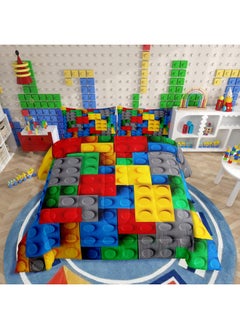Erosebridal Colorful Toy Bedding Set 3D Building Blocks Pattern Comforter Set, Kids Educational Games Boys Toy Bricks Quilt Full Size Fun Brick Duvet Insert Gradient Watercolor Bedroom Decor, Red Yellow Blue Grey  - Image 1