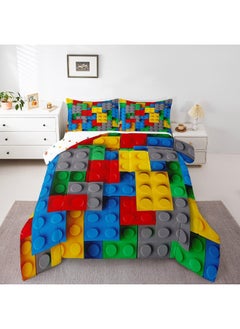 Erosebridal Colorful Toy Bedding Set 3D Building Blocks Pattern Comforter Set, Kids Educational Games Boys Toy Bricks Quilt Full Size Fun Brick Duvet Insert Gradient Watercolor Bedroom Decor, Red Yellow Blue Grey  - Image 3
