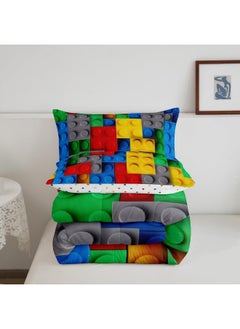 Erosebridal Colorful Toy Bedding Set 3D Building Blocks Pattern Comforter Set, Kids Educational Games Boys Toy Bricks Quilt Full Size Fun Brick Duvet Insert Gradient Watercolor Bedroom Decor, Red Yellow Blue Grey  - Image 5