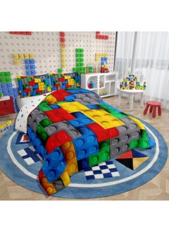 Erosebridal Colorful Toy Bedding Set 3D Building Blocks Pattern Comforter Set, Kids Educational Games Boys Toy Bricks Quilt Full Size Fun Brick Duvet Insert Gradient Watercolor Bedroom Decor, Red Yellow Blue Grey  - Image 2