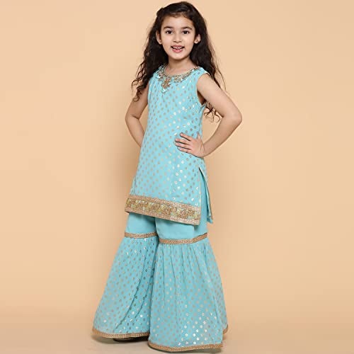 AJ DEZINES Girls Sharara Kurta Set | Georgette Sleeveless Kurti Set | Ethnic Wear for Girls | Foil Printed Sharara Suit | Stylish Kids Kurta for Festivals Weddings & Special Occasions | FIROZI-7 - Image 5