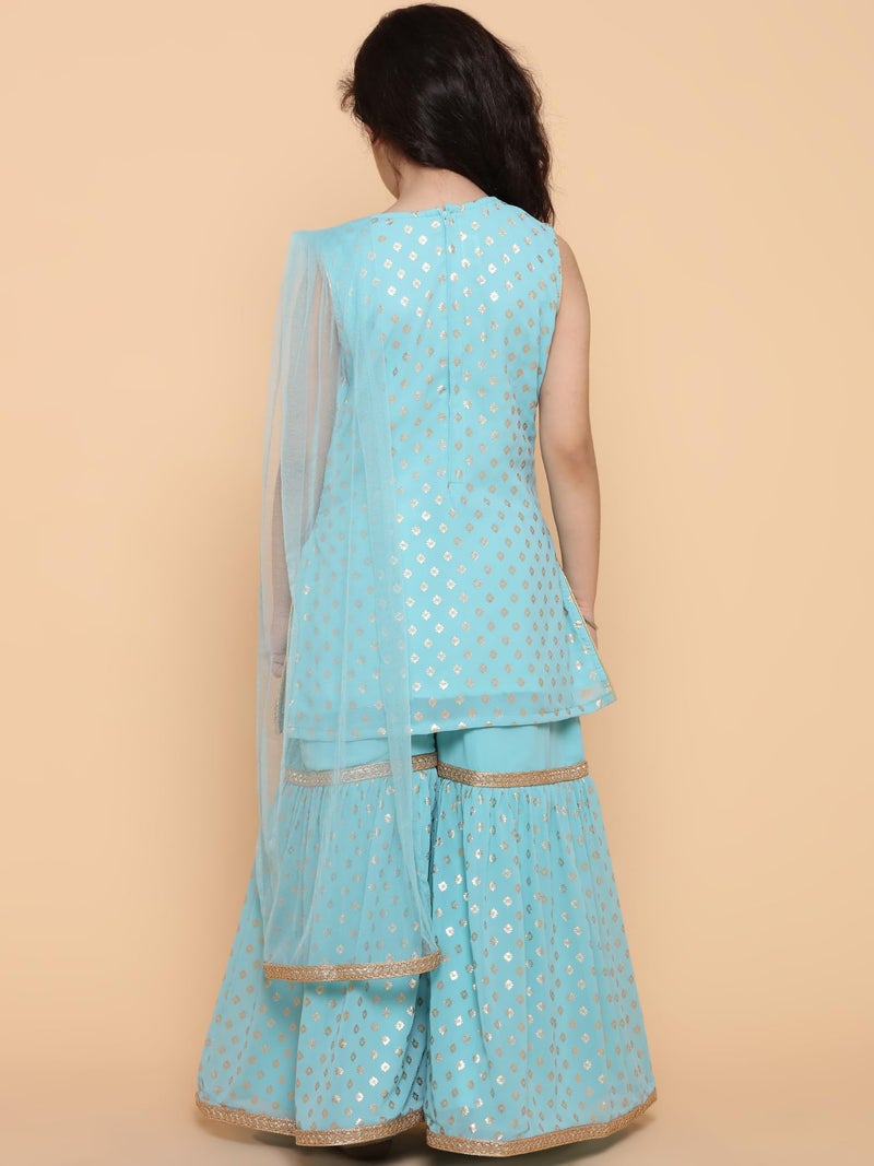 AJ DEZINES Girls Sharara Kurta Set | Georgette Sleeveless Kurti Set | Ethnic Wear for Girls | Foil Printed Sharara Suit | Stylish Kids Kurta for Festivals Weddings & Special Occasions | FIROZI-7 - Image 4