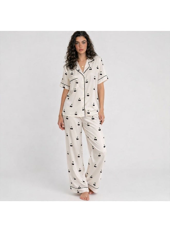 Printed soft satin pajama set - Image 1