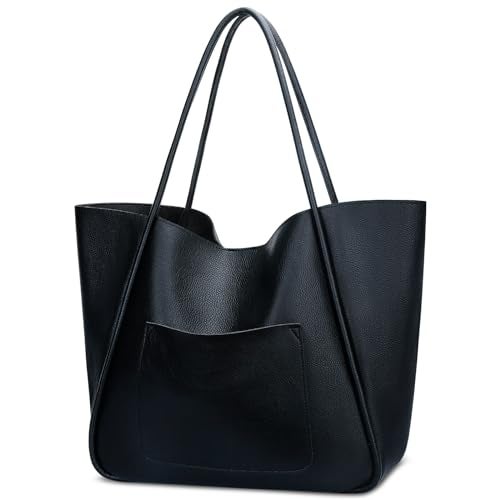 KKXIU Tote Bag for Women Vegan Leather Shoulder Purse Large Capacity Travel Bag - Black - Image 1