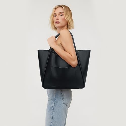 KKXIU Tote Bag for Women Vegan Leather Shoulder Purse Large Capacity Travel Bag - Black - Image 2