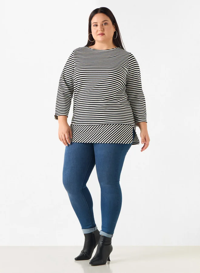 Ulla Popken Plus Size Ulla Popken Striped Crew Neck T-shirt with 3/4 Sleeves
