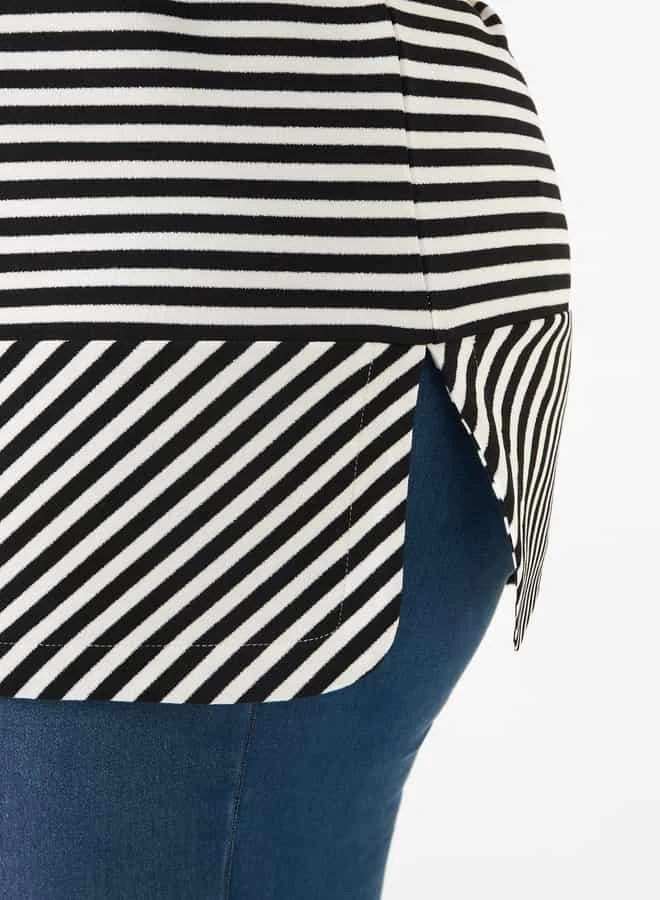 Ulla Popken Plus Size Ulla Popken Striped Crew Neck T-shirt with 3/4 Sleeves