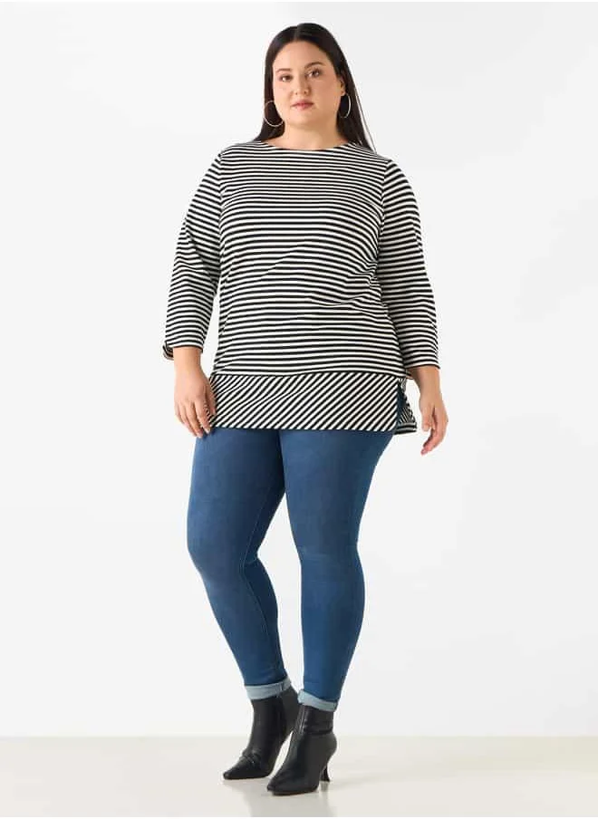 Ulla Popken Plus Size Ulla Popken Striped Crew Neck T-shirt with 3/4 Sleeves