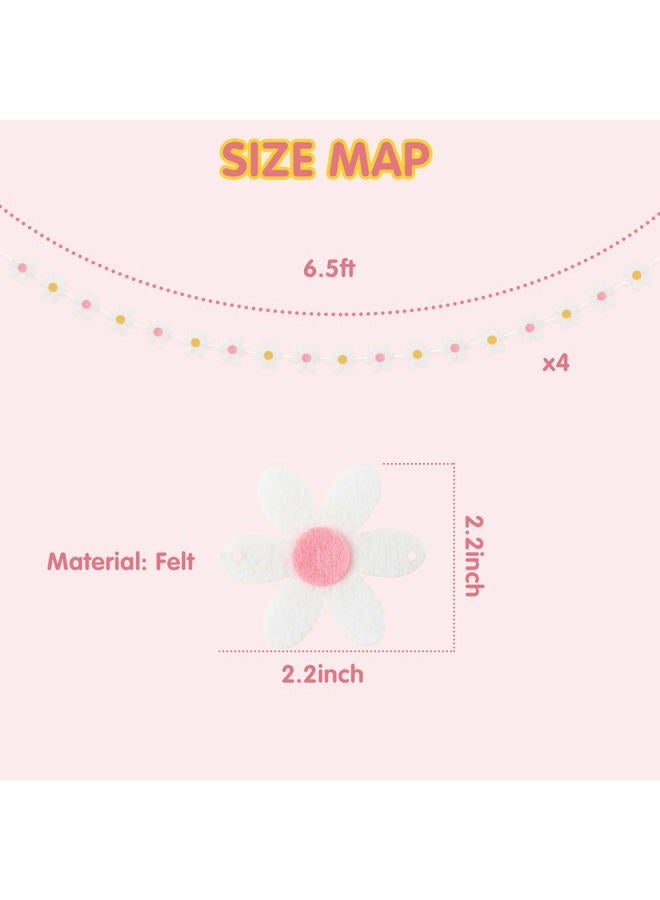 A1diee 4Pcs Summer Daisy Groovy Boho Garland Felt Artificial White Flower Vines Banner Spring Daisy Party Supplies Flower Garlands Aesthetic Indoor Outdoor Decoration for Wall Patio Nursery Home Room - Image 2