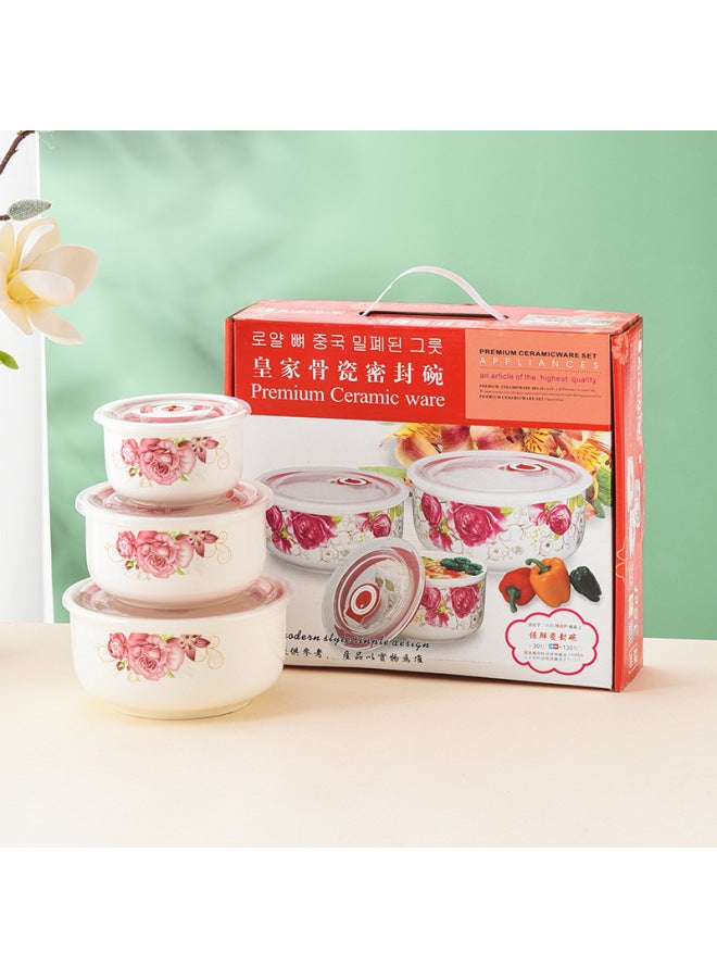 Bear Ceramic Preservation Bowl Three-piece Set Sealed Bowl Gift Bowl Set Gift Microwave Oven Bowl Plus LOGO Preservation-Specifications:Rich Flower Set Of Three Fresh-keeping Bowls (20 Sets/box)-Color:4inch 5inch 6inch  - Image 1