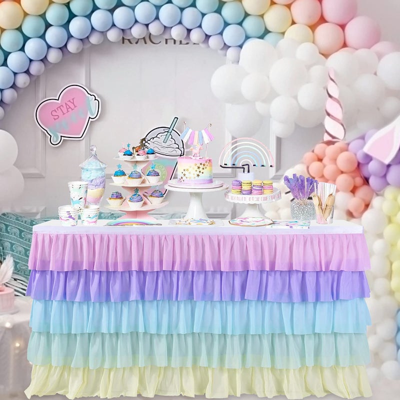Rainbow Table Skirt Unicorn Tutu Tablecloth for Rectangle Table Girls Birthday Baby Shower Party Wedding 14ft