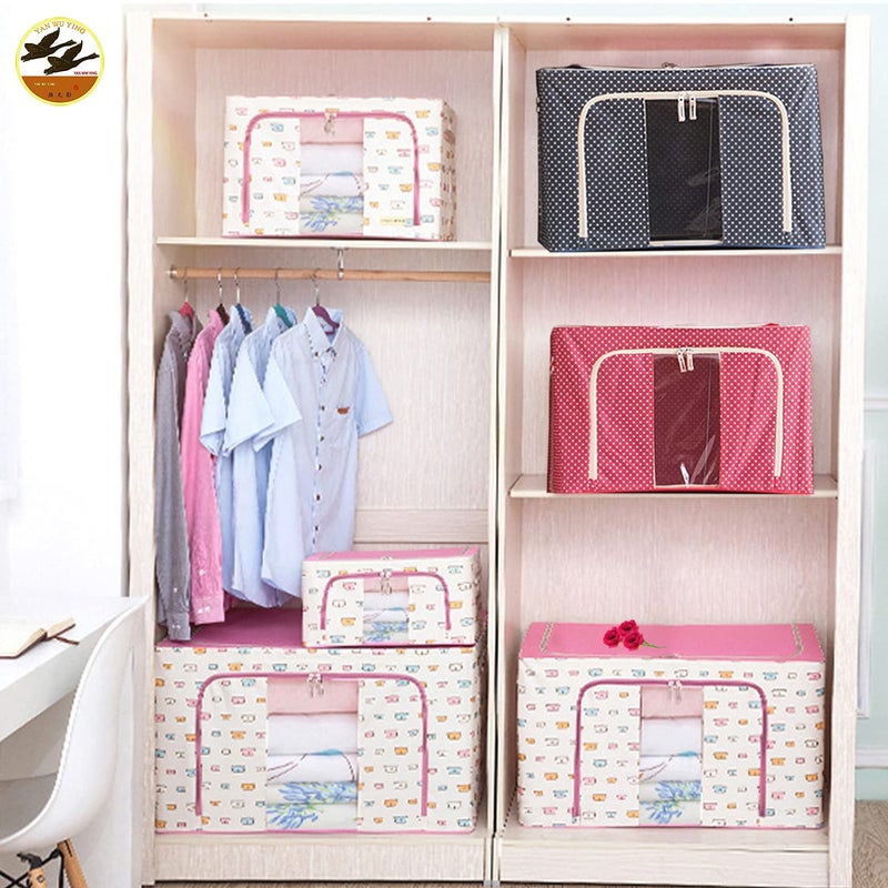 YAN WU YING Steel Frame Oxford Cloth Quilt Storage Box Folding Wardrobe Fabric Extra Large Storage Bag Navy66L x 4Pcs  - Image 2