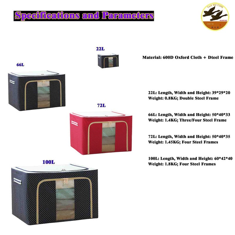 YAN WU YING Steel Frame Oxford Cloth Quilt Storage Box Folding Wardrobe Fabric Extra Large Storage Bag Navy66L x 4Pcs  - Image 3